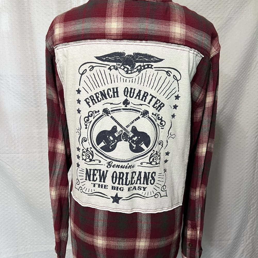 Upcycled Plaid Flannel Shirt with New Orleans Graphic